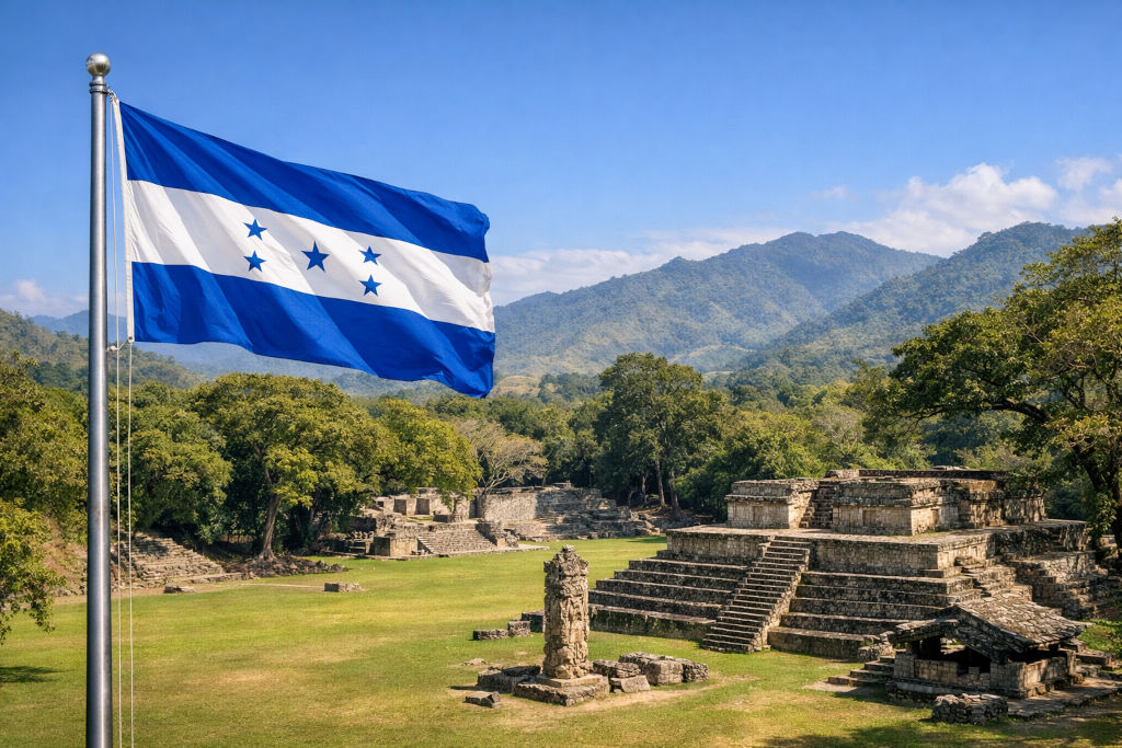 Nationalflagge von Honduras, links am Fahnenmast wehend, vor historischer Maya‑Ruinenstätte mit steinernen Tempeln und Stufenanlagen, umgeben von grüner Vegetation und bewaldeten Hügeln unter klarem Himmel im 16:9‑Format