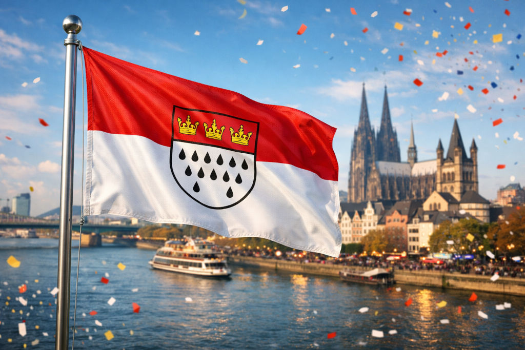 Stadtflagge von Köln in Rot‑Weiß mit Stadtwappen, links am Fahnenmast wehend, im Vordergrund über dem Rhein, im Hintergrund der Kölner Dom und die Altstadt, begleitet von rot‑weißen Konfetti‑Elementen als Karnevalsdekoration unter blauem Himmel im 16:9‑Format Stadtflagge von Köln in Rot‑Weiß mit Stadtwappen, links am Fahnenmast wehend, im Vordergrund über dem Rhein, im Hintergrund der Kölner Dom und die Altstadt, begleitet von rot‑weißen Konfetti‑Elementen als Karnevalsdekoration unter blauem Himmel im 16:9‑Format