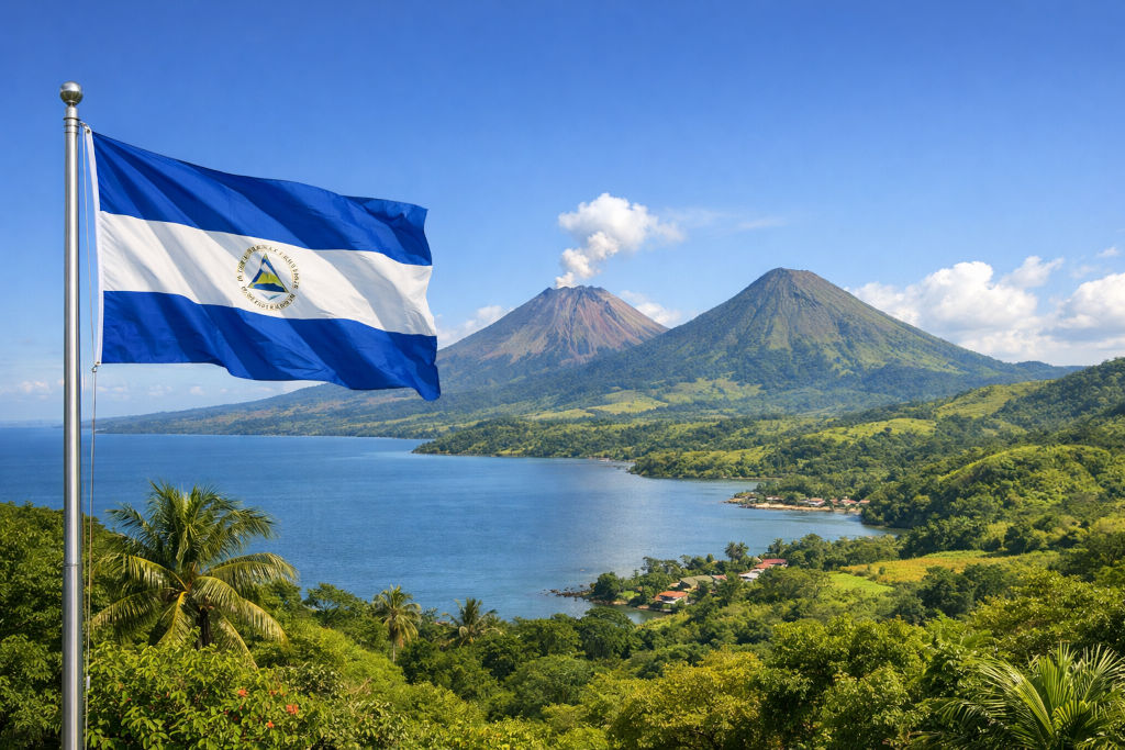 Nationalflagge von Nicaragua, links am Fahnenmast wehend, vor weiter Landschaft mit großem See, üppiger grüner Vegetation und zwei markanten Vulkanen im Hintergrund unter klarem blauem Himmel im 16:9‑Format