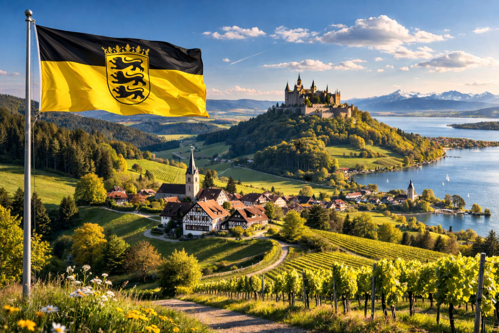 Baden-Württemberg Flagge mit Landeswappen vor Weinberg-Terrassen und ländlichem Ort mit Fachwerkhäusern, Blick auf See und Schlossanlage auf bewaldeter Anhöhe bei goldenem Abendlicht