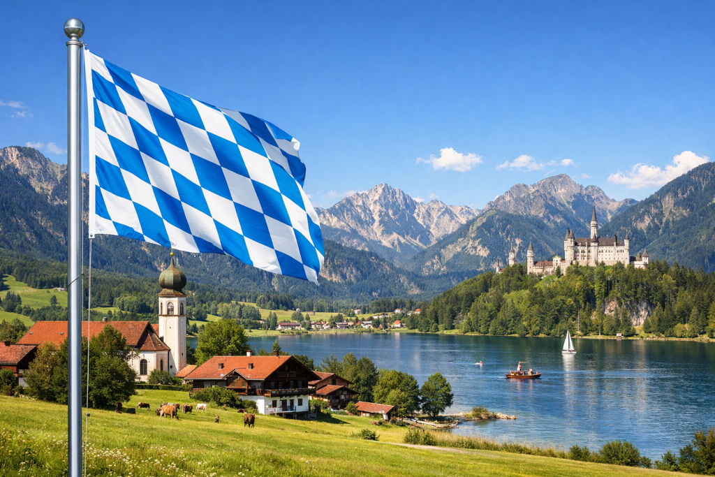 Bayern-Flagge in Blau-Weiß mit Rautenmuster weht am Fahnenmast im Vordergrund, dahinter Alpenpanorama mit glitzerndem See, Uferdorf mit Kirche und roten Dächern sowie majestätischem Schloss auf bewaldeter Anhöhe bei strahlendem Sommerlicht