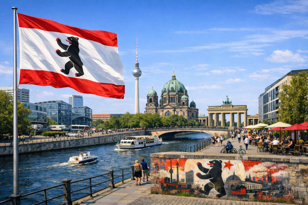 Berlin-Flagge in Rot-Weiß mit schwarzem Bären weht am Ufer der Spree, Blick auf Museumsinsel mit Berliner Dom und Fernsehturm sowie das Brandenburger Tor, Ausflugsschiffe auf dem Wasser und belebte Promenade mit Cafés bei sonnigem Himmel