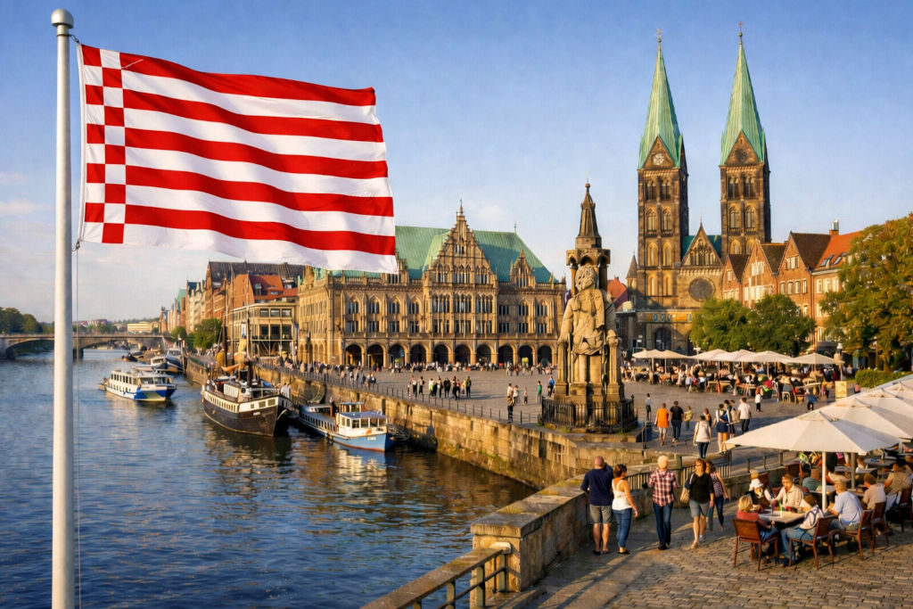 Bremen-Flagge in Rot-Weiß mit Schachbrettmuster weht am Fahnenmast an der Weser, Blick auf die belebte Schlachte-Promenade mit Cafés, Spaziergängern und anliegenden Schiffen, dahinter historische Altstadtfassaden mit Rathaus und Domtürmen im warmen Abendlicht unter blauem Himmel
