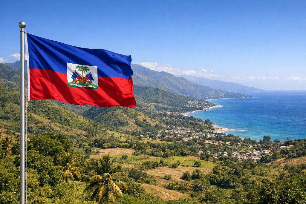 Nationalflagge von Haiti, links Fahnenmast wehend, vor weiter abwechslungsreicher Landschaft mit grünen Bergen, Tälern, Küstenabschnitten und landestypischer Vegetation, unter hellem Himmel im 16:9‑Format
