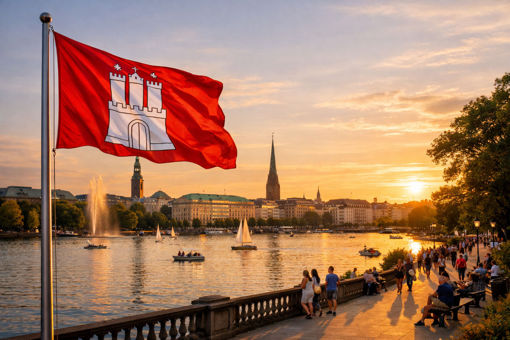 Hamburg-Flagge in Rot mit weißem Burgtor weht am Fahnenmast an der Alster, dahinter Segelboote und Wasserfontäne auf dem glitzernden See, Uferpromenade mit Spaziergängern und Bänken sowie Skyline mit Kirchturm im goldenen Sonnenuntergang unter warmem Abendhimmel