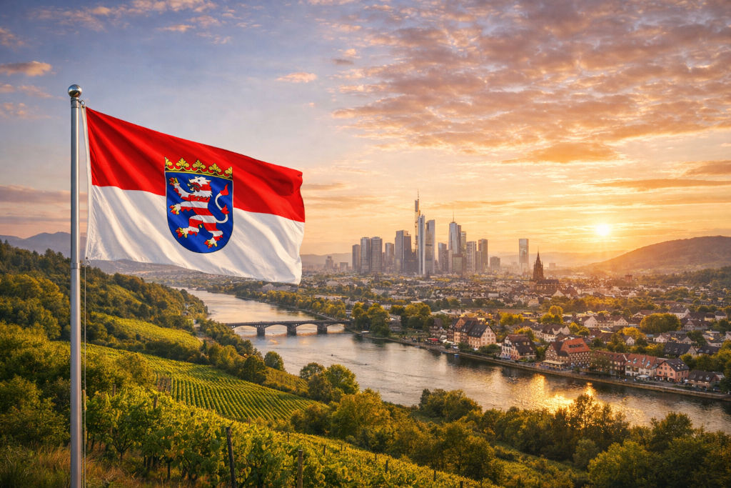 Hessen-Flagge in Rot-Weiß mit Wappen weht am Fahnenmast über sonnigen Weinbergen, Blick hinab auf den Main mit Brücke und Uferstadt, dahinter Frankfurter Skyline mit Hochhäusern im warmen Abendlicht und goldenen Sonnenuntergang über dem Flusstal