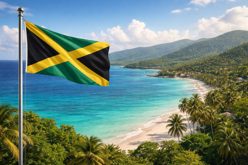 Nationalflagge von Jamaika, links am Fahnenmast wehend, vor karibischer Küstenlandschaft mit türkisfarbenem Meer, hellem Sandstrand, Palmen, bewaldeten Hügeln und Küstenlinie unter blauem Himmel im 16:9‑Format