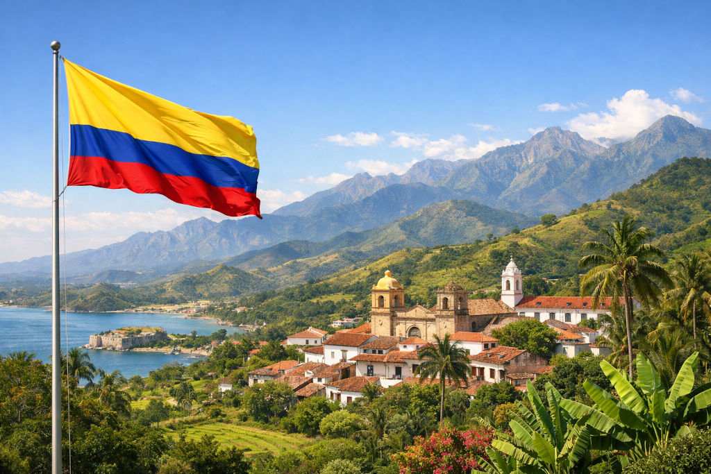 Nationalflagge von Kolumbien, links am Fahnenmast wehend, vor weiter Landschaft mit kolonialer Stadt, roten Ziegeldächern, Kirche, Palmen, Küstenabschnitt und grünem Andengebirge im Hintergrund unter klarem blauem Himmel im 16:9‑Format