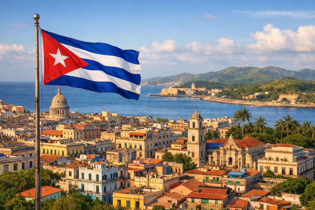 Nationalflagge von Kuba, links am Fahnenmast wehend, vor historischer Stadtansicht von Havanna mit kolonialen Gebäuden, Kuppeln, Kirchtürmen, Uferpromenade und Küstenlinie am Meer unter hellem Himmel im 16:9‑Format