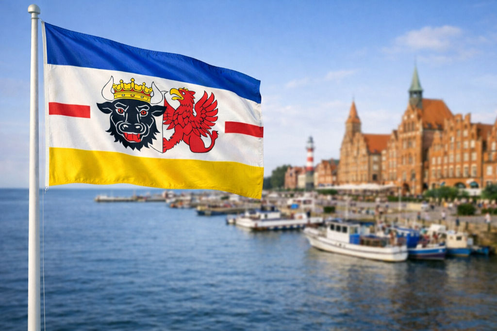 Mecklenburg-Vorpommern-Flagge mit Landeswappen weht am Fahnenmast im Vordergrund, dahinter ruhiger Ostseehafen mit Booten und Stegen, glitzernde Wasserfläche sowie historische Backsteingotik-Giebelhäuser und ein Leuchtturm an der Uferpromenade unter hellem Sommerhimmel