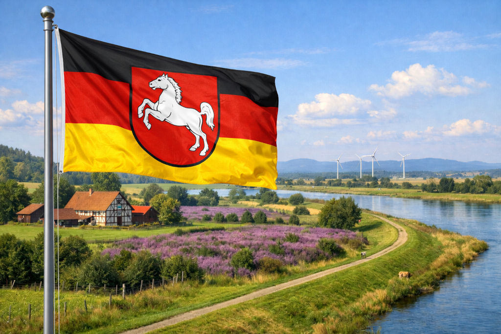 Niedersachsen-Flagge in Schwarz-Rot-Gelb mit weißem Sachsenross im Wappen weht am Fahnenmast über weiter Flusslandschaft, blühenden Heideflächen und grünen Deichen, im Hintergrund Fachwerkhof, Windräder und sanfte Hügel unter lichtem Sommerhimmel