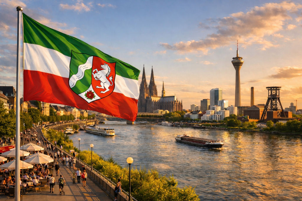 Nordrhein-Westfalen-Flagge in Grün-Weiß-Rot mit Landeswappen weht am Fahnenmast am Rheinufer, Blick auf die Kölner Altstadt mit Domspitzen, Flussschiffe auf dem glitzernden Rhein und belebte Promenade mit Cafés, dahinter Fernsehturm und Industrie-Silhouetten im warmen Abendlicht bei goldener Sonnenstimmung
