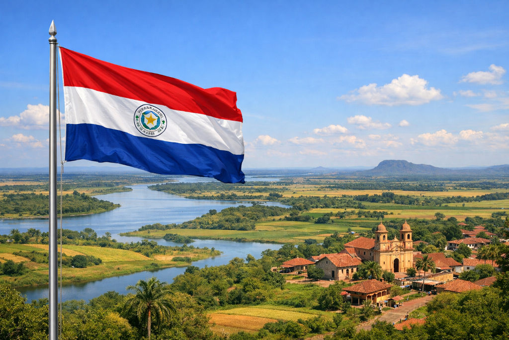 Paraguayische Nationalflagge an einem Fahnenmast wehend; im Hintergrund weite Flusslandschaft mit geschwungenem Flusslauf, grünen Feldern und Palmen, kleine Ortschaft mit kolonialer Kirche und roten Ziegeldächern auf einem Hügel unter blauem Himmel im 16:9‑Format