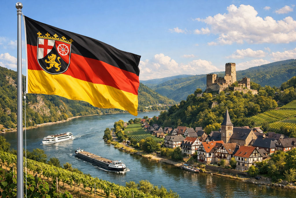 Rheinland-Pfalz-Flagge in Schwarz-Rot-Gold mit Landeswappen weht am Fahnenmast über steilen Weinbergen, Blick ins Rheintal mit vorbeiziehenden Schiffen, Fachwerkdorf am Ufer und Burgruine auf bewaldeter Anhöhe, sommerliches Panorama unter blauem Himmel mit weichen Wolken