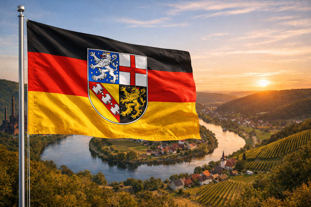 Saarland-Flagge in Schwarz-Rot-Gold mit Landeswappen weht am Fahnenmast über sonnenwarmen Weinbergen, Blick auf eine breite Flussschleife im Tal mit kleinen Ortschaften, roten Dächern und Kirche, goldenes Abendlicht über sanften Hügeln und Rebreihen unter ruhigem Himmel.