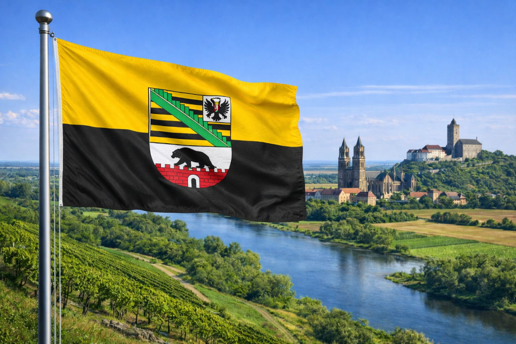 Sachsen-Anhalt-Flagge in Gelb-Schwarz mit Landeswappen weht am Fahnenmast über grünen Weinbergen, dahinter schlängelt sich ein ruhiger Fluss durch das Saale-Unstrut-Tal, mit weitem Blick auf Domtürme und eine Burganlage auf dem Hügel unter klarem, sommerlichem Himmel.