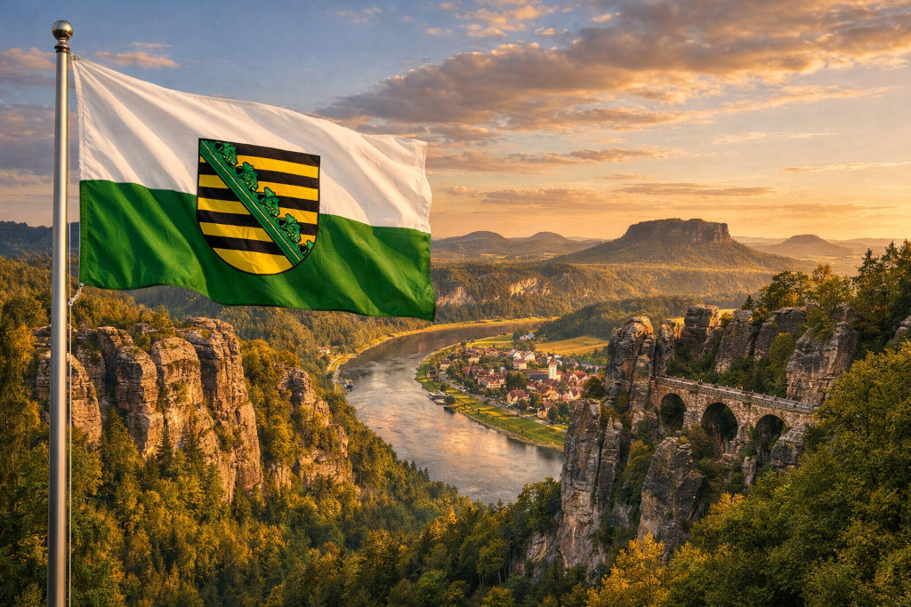 Sachsen-Flagge in Weiß-Grün mit Landeswappen weht am Fahnenmast im Vordergrund, dahinter Blick ins Elbtal der Sächsischen Schweiz mit Sandsteinfelsen und Basteibrücke, glitzernder Flusslauf, kleines Dorf am Ufer und warmes Abendlicht über der Weinregion Sachsen unter goldfarbenem Himmel.