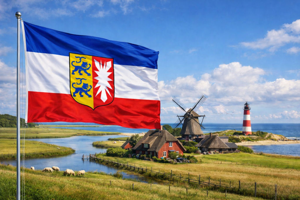Schleswig-Holstein-Flagge weht am Fahnenmast im Vordergrund, dahinter weite Marschlandschaft an der Nordseeküste mit Prielen, grasgrünen Deichen und weidenden Schafen, reetgedeckte Häuser und Windmühle sowie rot-weißer Leuchtturm am Meer unter hellem Sommerhimmel.