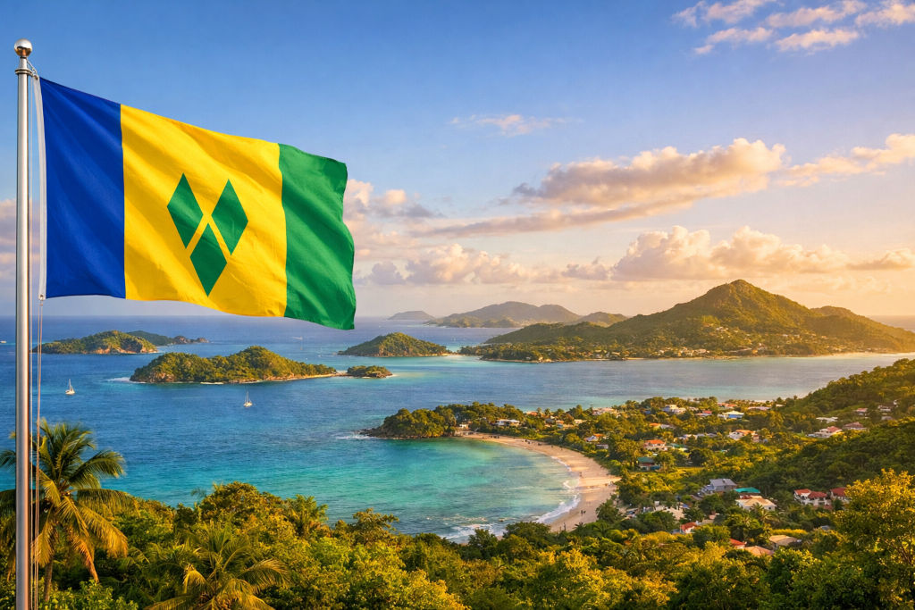 Nationalflagge von St. Vincent und die Grenadinen, links am Fahnenmast wehend, im Hintergrund karibische Insel‑ und Küstenlandschaft mit türkisfarbenem Meer, mehreren bewaldeten Inseln, einer geschwungenen Bucht mit Strand, tropischer Vegetation und warmem Abendlicht im 16:9‑Format Nationalflagge von St. Vincent und die Grenadinen, links am Fahnenmast wehend, im Hintergrund karibische Insel‑ und Küstenlandschaft mit türkisfarbenem Meer, mehreren bewaldeten Inseln, einer geschwungenen Bucht mit Strand, tropischer Vegetation und warmem Abendlicht im 16:9‑Format