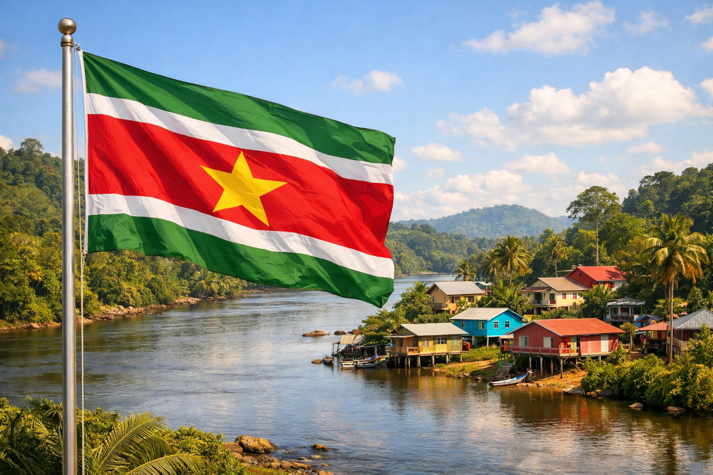 Nationalflagge von Suriname, links an einem Fahnenmast im Wind wehend; im Hintergrund tropische Flusslandschaft mit ruhigem Wasser, dichtem Regenwald, Palmen und farbenfrohen Holzhäusern auf Stelzen entlang des Ufers unter leicht bewölktem Himmel, im Format 16:9 Nationalflagge von Suriname, links an einem Fahnenmast im Wind wehend; im Hintergrund tropische Flusslandschaft mit ruhigem Wasser, dichtem Regenwald, Palmen und farbenfrohen Holzhäusern auf Stelzen entlang des Ufers unter leicht bewölktem Himmel, im Format 16:9