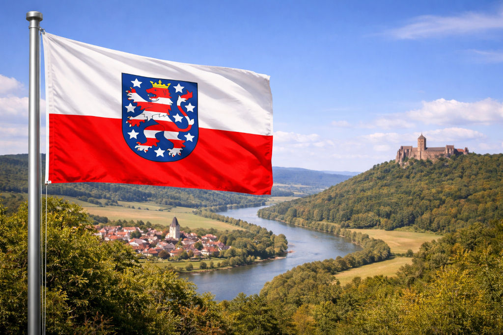 Thüringen-Flagge weht am Fahnenmast im Vordergrund, dahinter weites Flusstal mit sanften Schleifen zwischen grünen Waldhängen, ein Dorf mit Kirchturm am Ufer und eine Burganlage auf bewaldeter Anhöhe unter klarem Himmel im warmen Tageslicht.