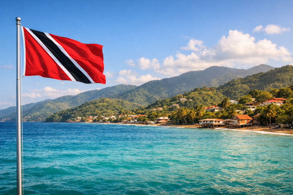 Nationalflagge von Trinidad und Tobago, links an einem Fahnenmast wehend; im Hintergrund karibische Küstenlandschaft mit türkisfarbenem Meer, bewaldeten Hügeln, Palmen, Küstendorf mit Häusern am Ufer und blauem Himmel mit lockeren Wolken, im Format 16:9