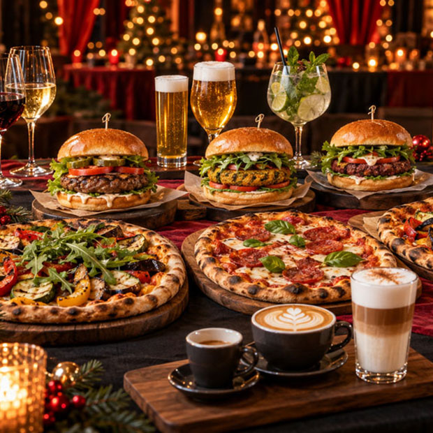 Weihnachtsfeier für Unternehmen mit Essen und Getränken inklusive als Leistungsbestandteil des Tickets.